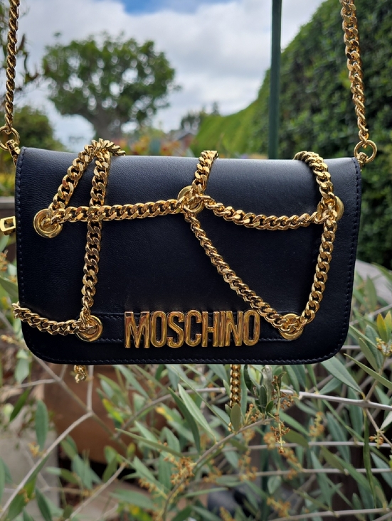 Moschino Handbags - Moschino Black and Gold Leather Wallet Crossbody with Statement Logo